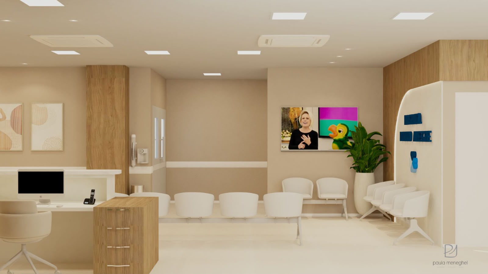 Clínica: recepção e sala de espera em tons claros com marcenaria em madeira