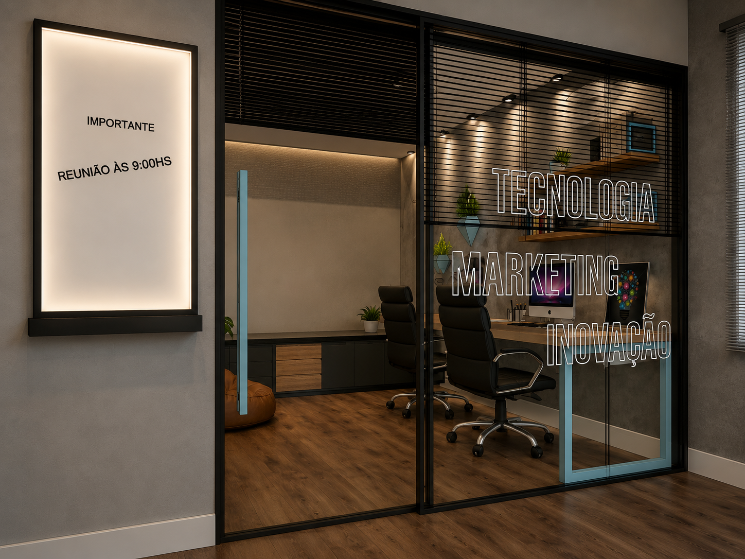 Escritório corporativo: sala de reunião envidraçada com identidade da empresa aplicada no vidro