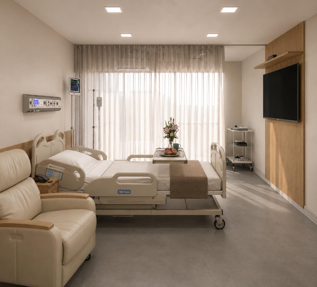Apartamento de internação hospitalar com poltrona para acompanhante e cabeceira técnica