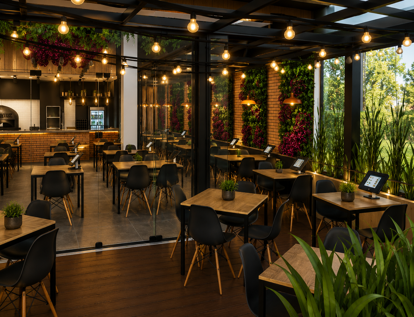 Restaurante Amiche: salão coberto por pergolado, jardim vertical e forno de pizza à vista