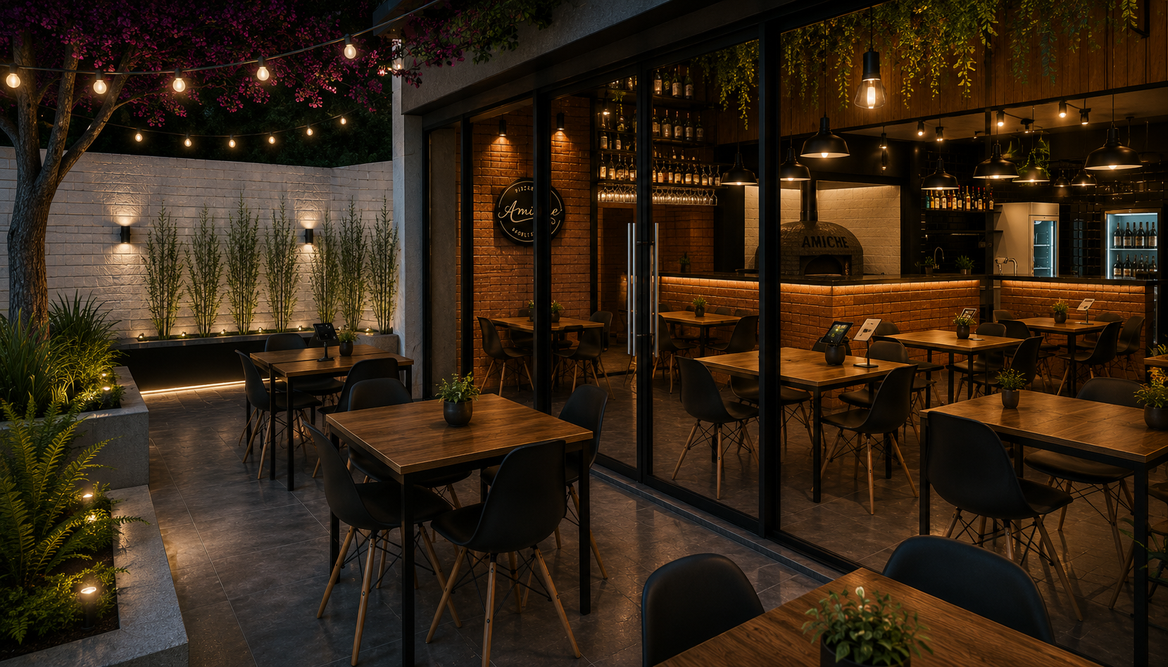 Restaurante Amiche: pátio externo com iluminação noturna projetado pela Paula Meneghel Arquitetura para Negócios